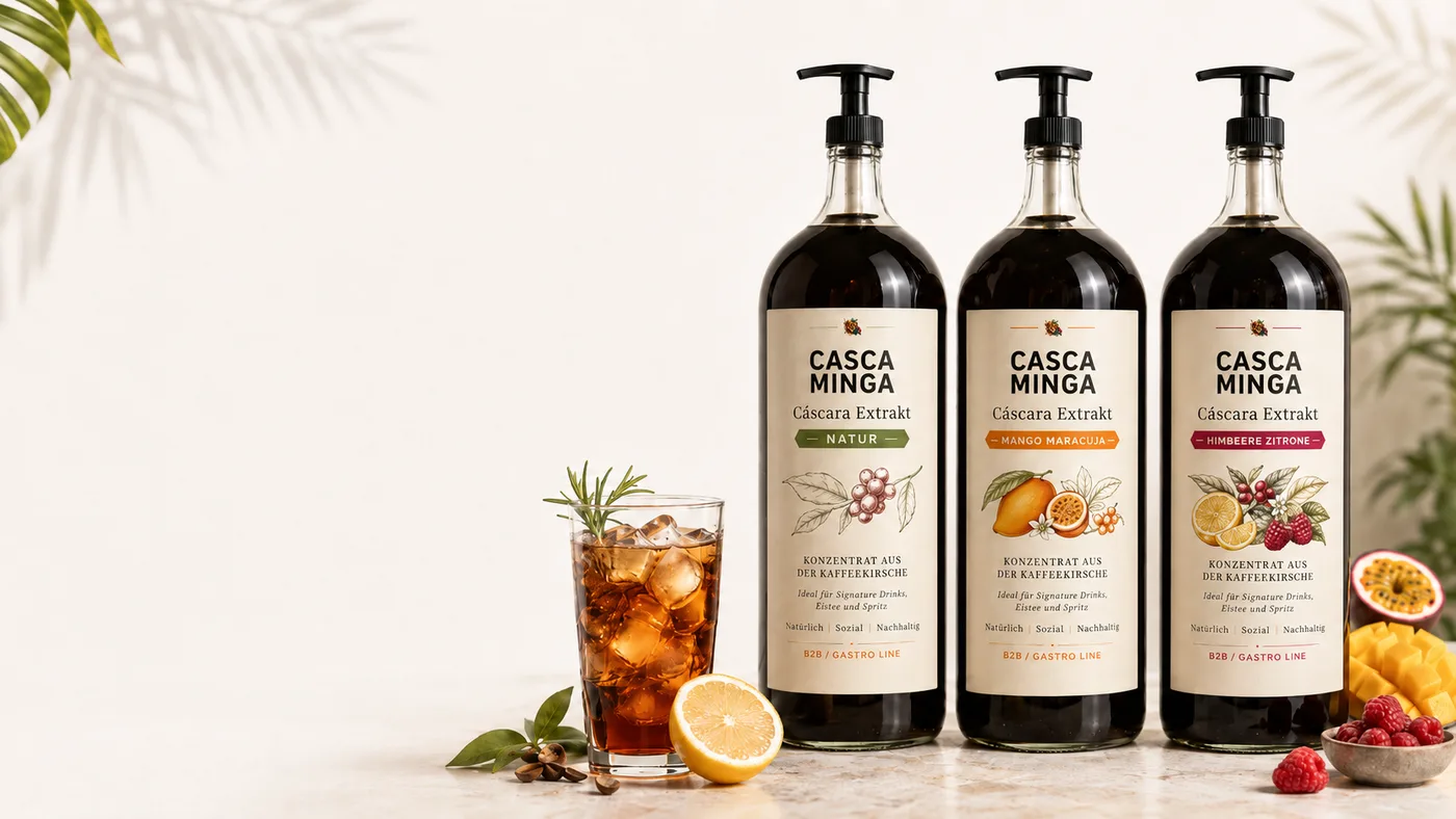 Concentrado de cáscara Casca Minga – línea Gastro, tres sabores con bomba dosificadora